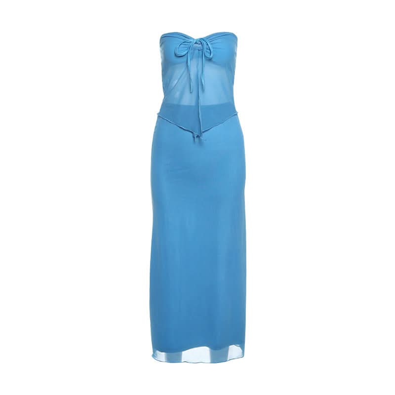 Coastal Chic: Electric Blue Self-Tie Mesh Bandeau & Maxi Skirt Set – Perfect for Vacation & Resort Style