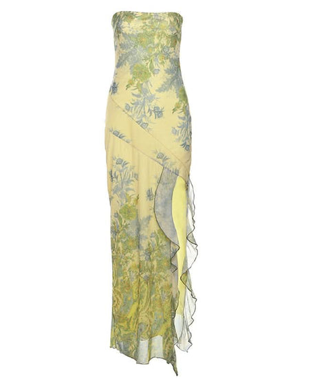 Vibrant Floral Strapless Maxi Dress with Ruffle Slit - Elegant Fall Getaway & Destination Wedding Guest Gown