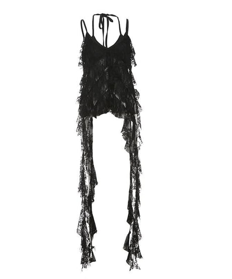 Mystic Midnight Lace Ruffle Cami - Edgy Gothic Drape Top for Fall