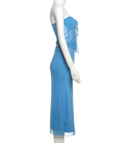 Coastal Chic: Electric Blue Self-Tie Mesh Bandeau & Maxi Skirt Set – Perfect for Vacation & Resort Style