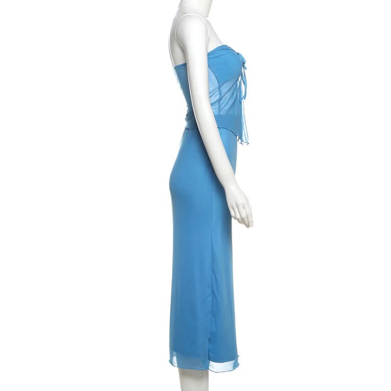 Coastal Chic: Electric Blue Self-Tie Mesh Bandeau & Maxi Skirt Set – Perfect for Vacation & Resort Style