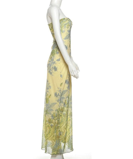 Vibrant Floral Strapless Maxi Dress with Ruffle Slit - Elegant Fall Getaway & Destination Wedding Guest Gown