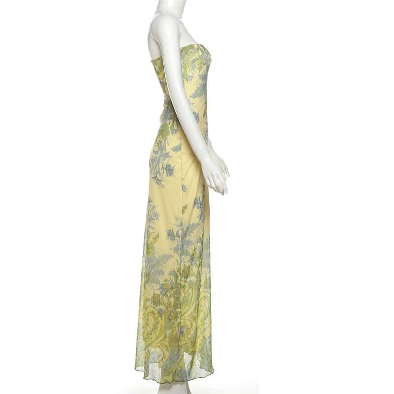 Vibrant Floral Strapless Maxi Dress with Ruffle Slit - Elegant Fall Getaway & Destination Wedding Guest Gown