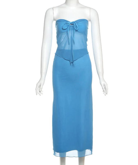 Coastal Chic: Electric Blue Self-Tie Mesh Bandeau & Maxi Skirt Set – Perfect for Vacation & Resort Style