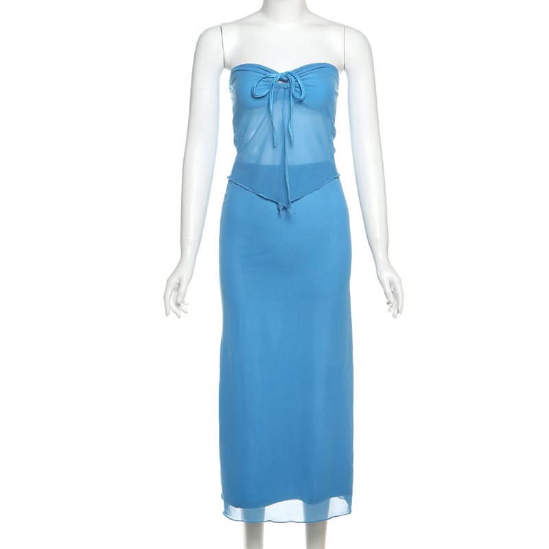 Coastal Chic: Electric Blue Self-Tie Mesh Bandeau & Maxi Skirt Set – Perfect for Vacation & Resort Style