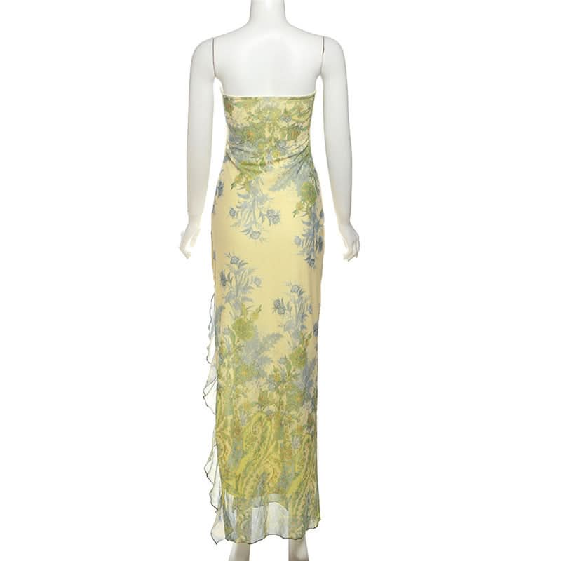 Vibrant Floral Strapless Maxi Dress with Ruffle Slit - Elegant Fall Getaway & Destination Wedding Guest Gown