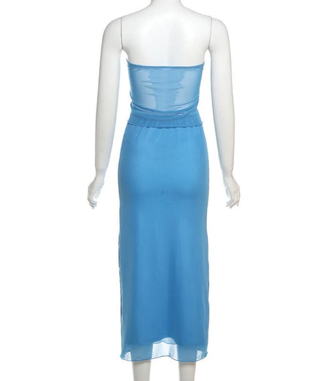 Coastal Chic: Electric Blue Self-Tie Mesh Bandeau & Maxi Skirt Set – Perfect for Vacation & Resort Style