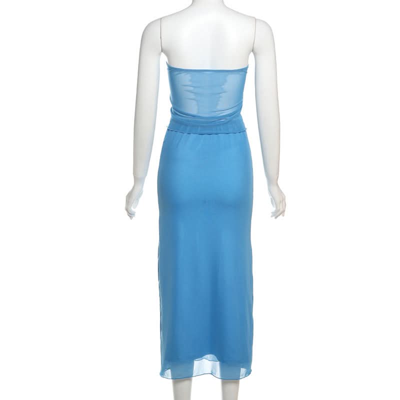 Coastal Chic: Electric Blue Self-Tie Mesh Bandeau & Maxi Skirt Set – Perfect for Vacation & Resort Style