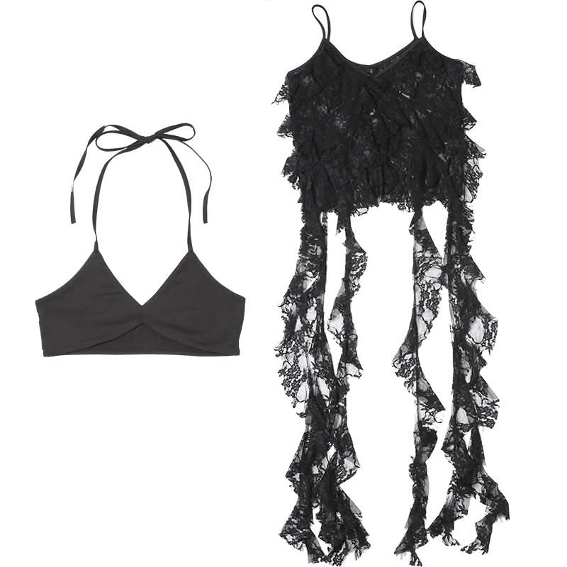 Mystic Midnight Lace Ruffle Cami - Edgy Gothic Drape Top for Fall