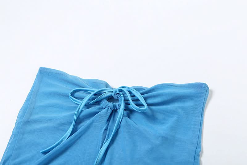 Coastal Chic: Electric Blue Self-Tie Mesh Bandeau & Maxi Skirt Set – Perfect for Vacation & Resort Style