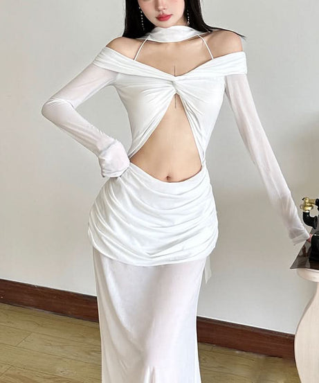 Glamorous White Cutout Maxi Dress | Off-Shoulder Mesh Sleeve Bodycon Gown for Fall & Holiday Galas