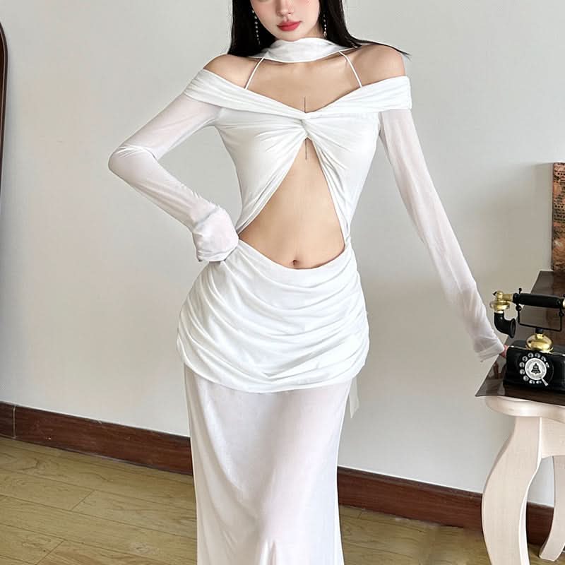 Glamorous White Cutout Maxi Dress | Off-Shoulder Mesh Sleeve Bodycon Gown for Fall & Holiday Galas