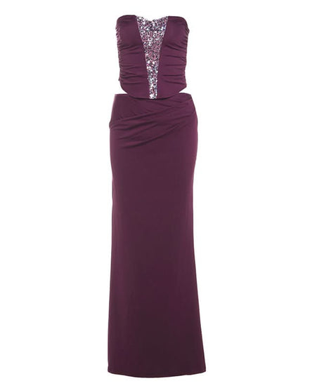 Elegant Plum Sequin Cut-Out Two-Piece Gown Set | Holiday & NYE Party Dress