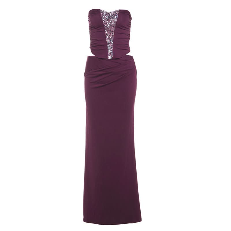 Elegant Plum Sequin Cut-Out Two-Piece Gown Set | Holiday & NYE Party Dress