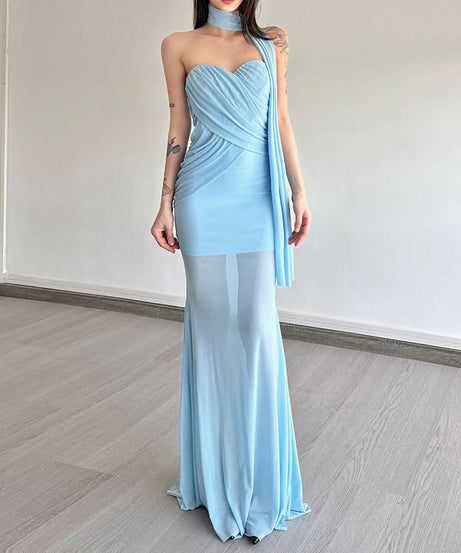 Enchanting Sky Blue Ruched Maxi Dress with Sheer Skirt & Drape - Holiday Galas & NYE Ready