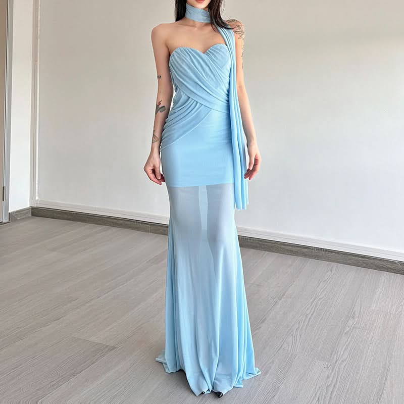 Enchanting Sky Blue Ruched Maxi Dress with Sheer Skirt & Drape - Holiday Galas & NYE Ready