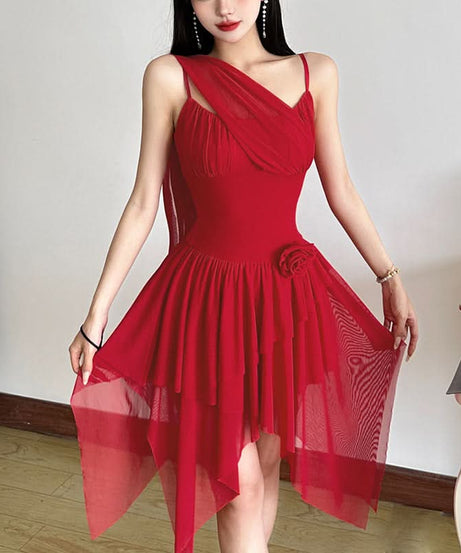 Crimson Asymmetrical Ruffle Mini Dress - Chic Holiday Party & Cocktail Statement for Women