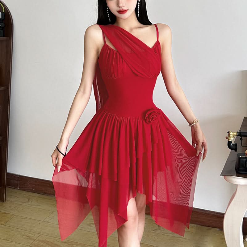 Crimson Asymmetrical Ruffle Mini Dress - Chic Holiday Party & Cocktail Statement for Women