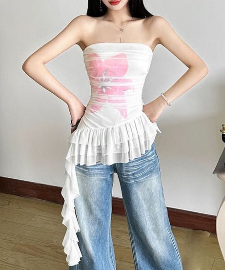 Fall Flirt Y2K Pink Bow Ruched Ruffle Tube Top - Trendy Strapless Crop