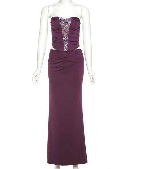 Elegant Plum Sequin Cut-Out Two-Piece Gown Set | Holiday & NYE Party Dress