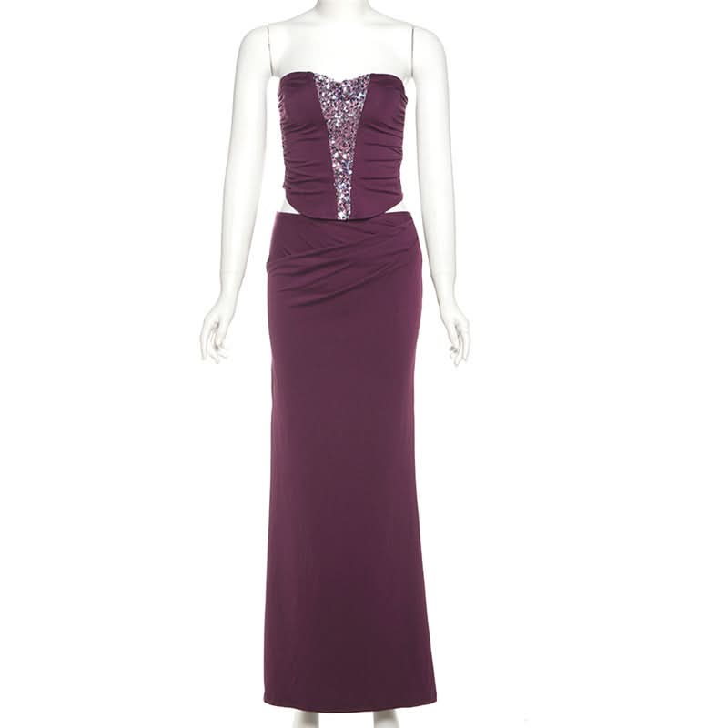 Elegant Plum Sequin Cut-Out Two-Piece Gown Set | Holiday & NYE Party Dress