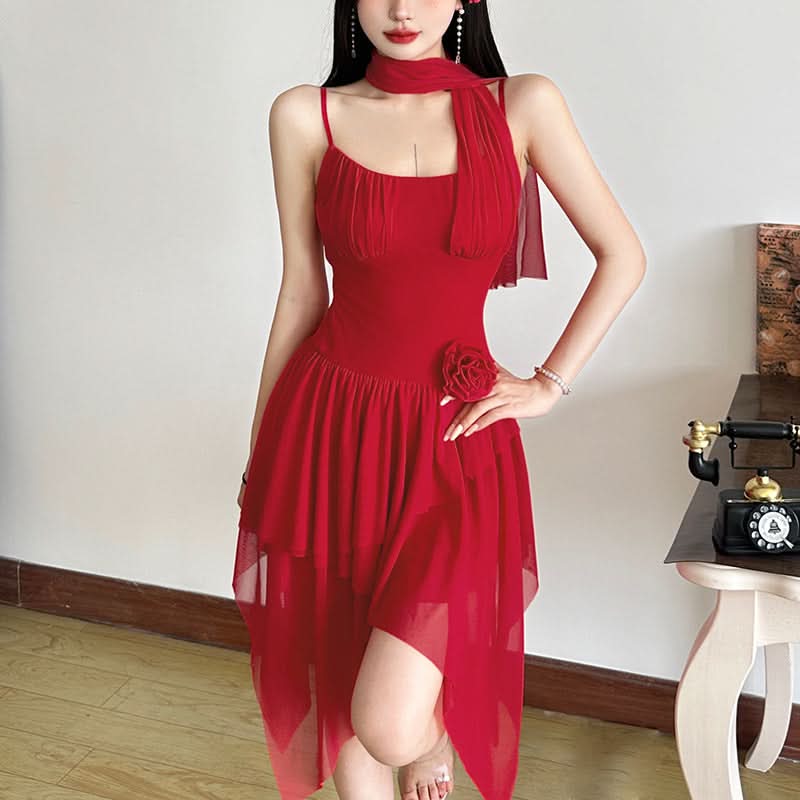 Crimson Asymmetrical Ruffle Mini Dress - Chic Holiday Party & Cocktail Statement for Women