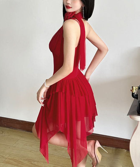 Crimson Asymmetrical Ruffle Mini Dress - Chic Holiday Party & Cocktail Statement for Women