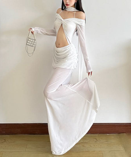 Glamorous White Cutout Maxi Dress | Off-Shoulder Mesh Sleeve Bodycon Gown for Fall & Holiday Galas