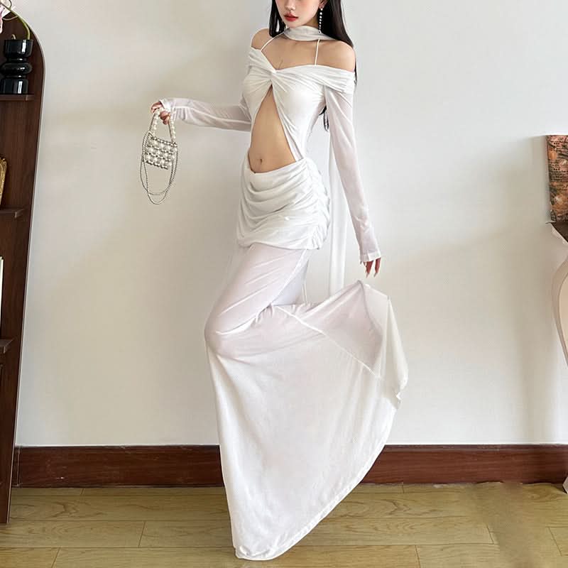 Glamorous White Cutout Maxi Dress | Off-Shoulder Mesh Sleeve Bodycon Gown for Fall & Holiday Galas