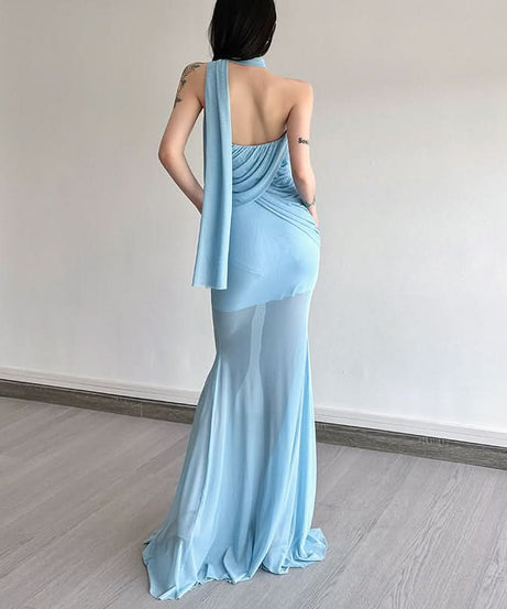 Enchanting Sky Blue Ruched Maxi Dress with Sheer Skirt & Drape - Holiday Galas & NYE Ready