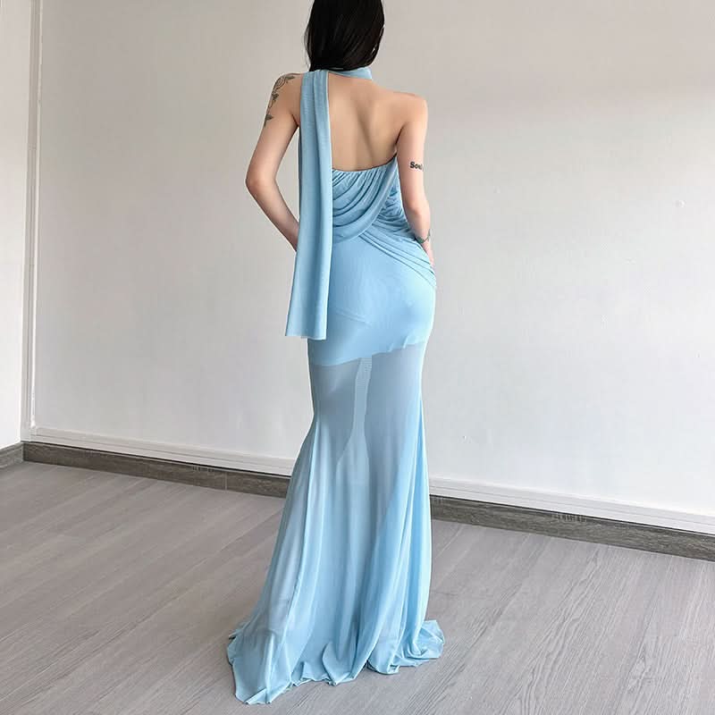 Enchanting Sky Blue Ruched Maxi Dress with Sheer Skirt & Drape - Holiday Galas & NYE Ready