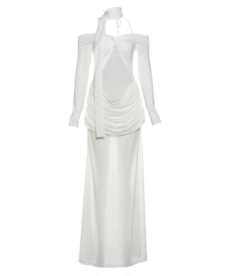 Glamorous White Cutout Maxi Dress | Off-Shoulder Mesh Sleeve Bodycon Gown for Fall & Holiday Galas