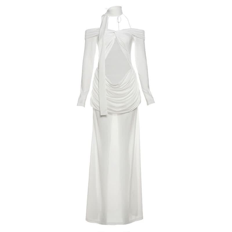 Glamorous White Cutout Maxi Dress | Off-Shoulder Mesh Sleeve Bodycon Gown for Fall & Holiday Galas