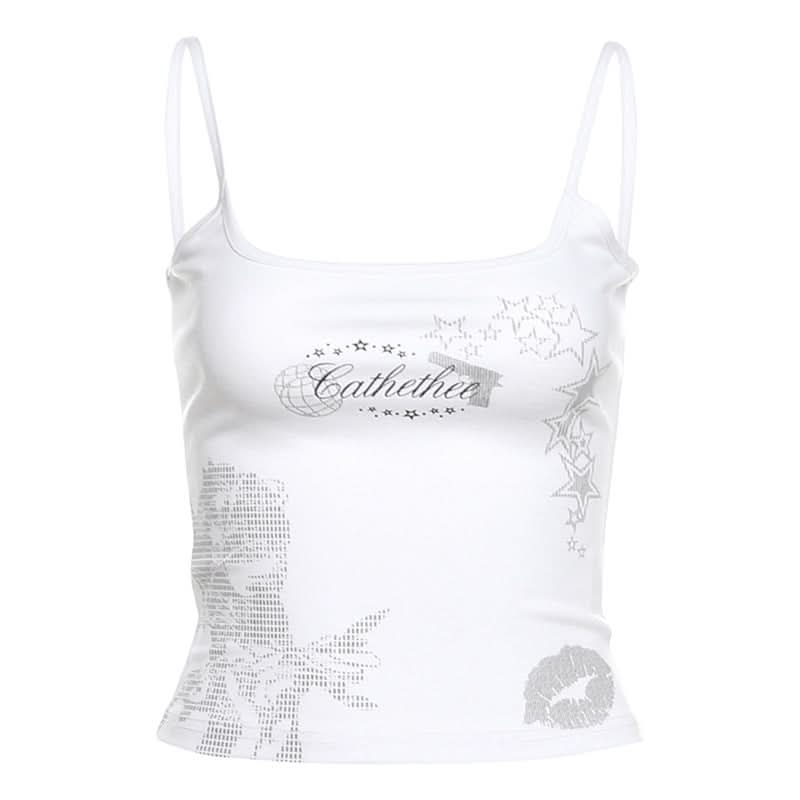 Y2K Edgy Graphic Cami Top – 'Cathethee' Spaghetti Strap Fall Layering Essential for Women