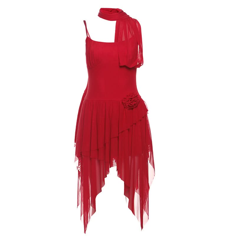 Crimson Asymmetrical Ruffle Mini Dress - Chic Holiday Party & Cocktail Statement for Women