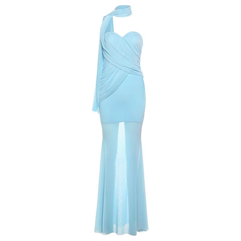 Enchanting Sky Blue Ruched Maxi Dress with Sheer Skirt & Drape - Holiday Galas & NYE Ready