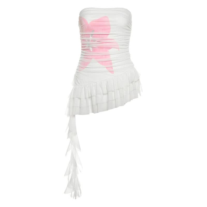 Fall Flirt Y2K Pink Bow Ruched Ruffle Tube Top - Trendy Strapless Crop