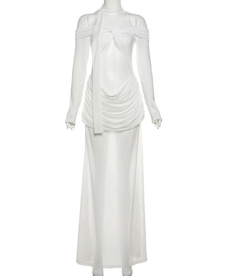 Glamorous White Cutout Maxi Dress | Off-Shoulder Mesh Sleeve Bodycon Gown for Fall & Holiday Galas