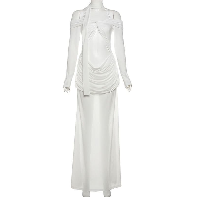 Glamorous White Cutout Maxi Dress | Off-Shoulder Mesh Sleeve Bodycon Gown for Fall & Holiday Galas