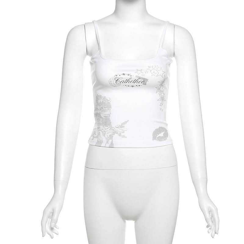 Y2K Edgy Graphic Cami Top – 'Cathethee' Spaghetti Strap Fall Layering Essential for Women