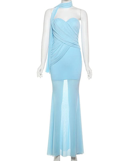 Enchanting Sky Blue Ruched Maxi Dress with Sheer Skirt & Drape - Holiday Galas & NYE Ready
