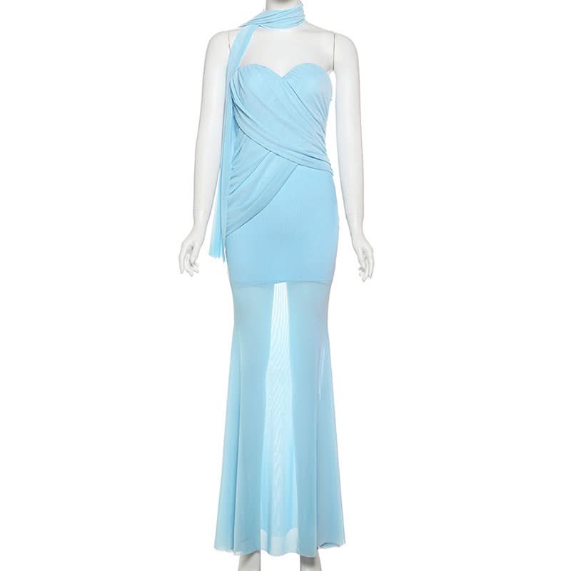 Enchanting Sky Blue Ruched Maxi Dress with Sheer Skirt & Drape - Holiday Galas & NYE Ready