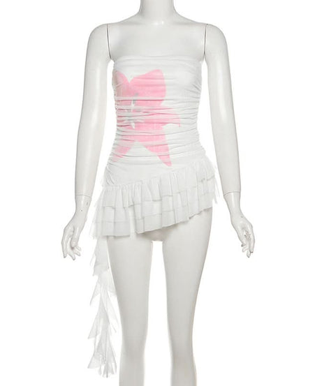 Fall Flirt Y2K Pink Bow Ruched Ruffle Tube Top - Trendy Strapless Crop