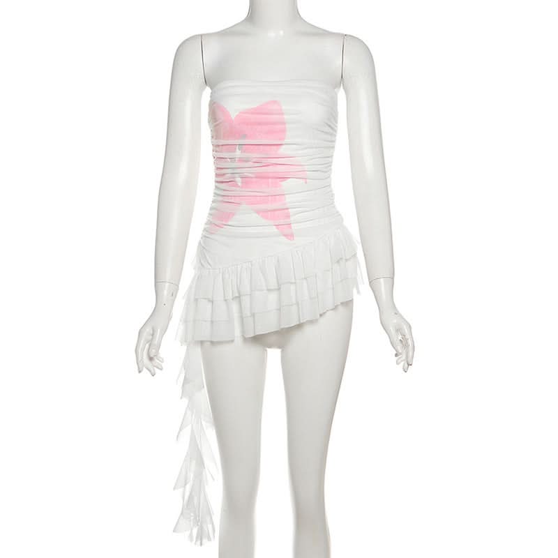 Fall Flirt Y2K Pink Bow Ruched Ruffle Tube Top - Trendy Strapless Crop