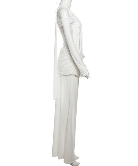 Glamorous White Cutout Maxi Dress | Off-Shoulder Mesh Sleeve Bodycon Gown for Fall & Holiday Galas