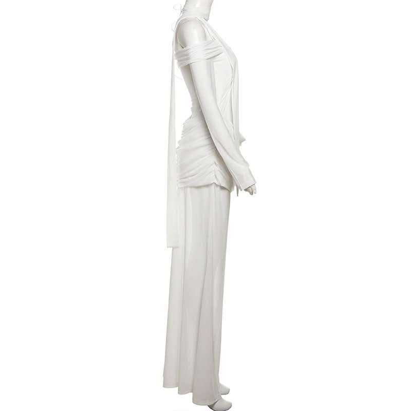 Glamorous White Cutout Maxi Dress | Off-Shoulder Mesh Sleeve Bodycon Gown for Fall & Holiday Galas