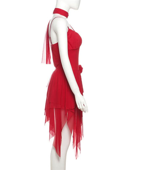 Crimson Asymmetrical Ruffle Mini Dress - Chic Holiday Party & Cocktail Statement for Women