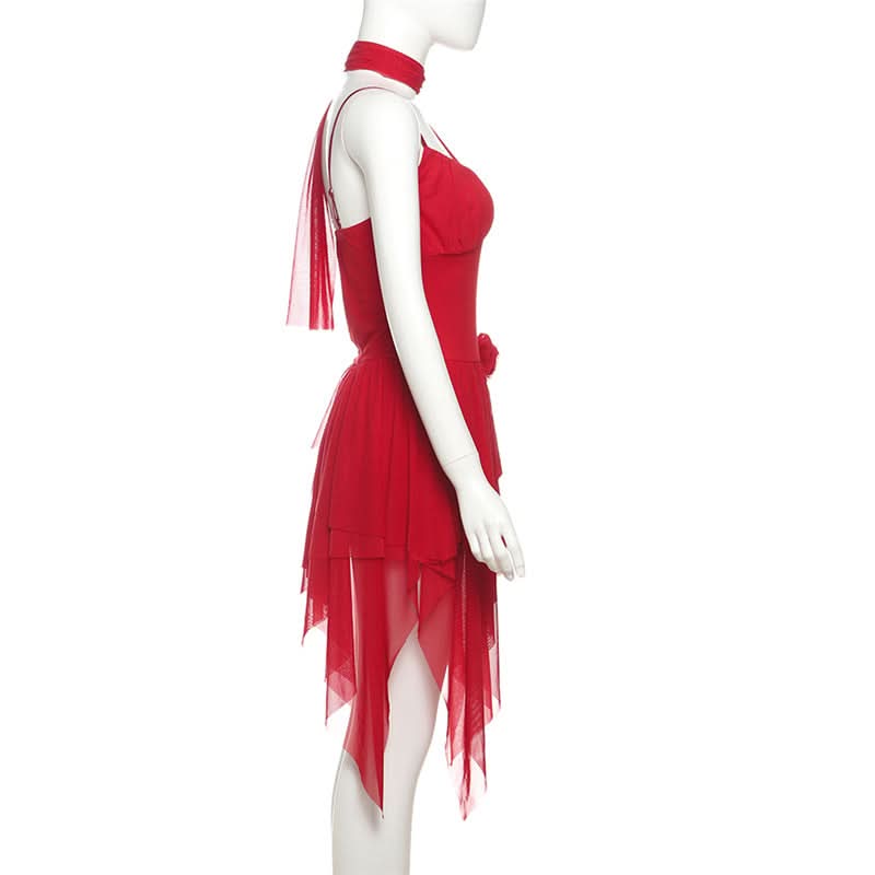 Crimson Asymmetrical Ruffle Mini Dress - Chic Holiday Party & Cocktail Statement for Women