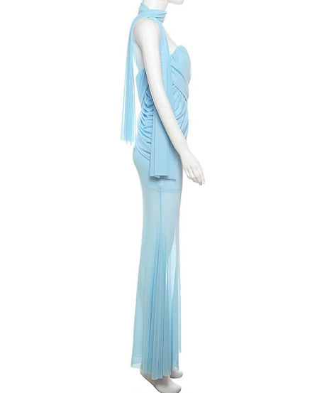 Enchanting Sky Blue Ruched Maxi Dress with Sheer Skirt & Drape - Holiday Galas & NYE Ready
