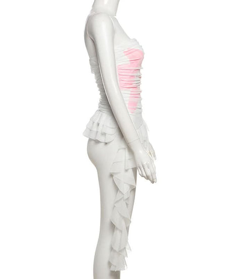 Fall Flirt Y2K Pink Bow Ruched Ruffle Tube Top - Trendy Strapless Crop